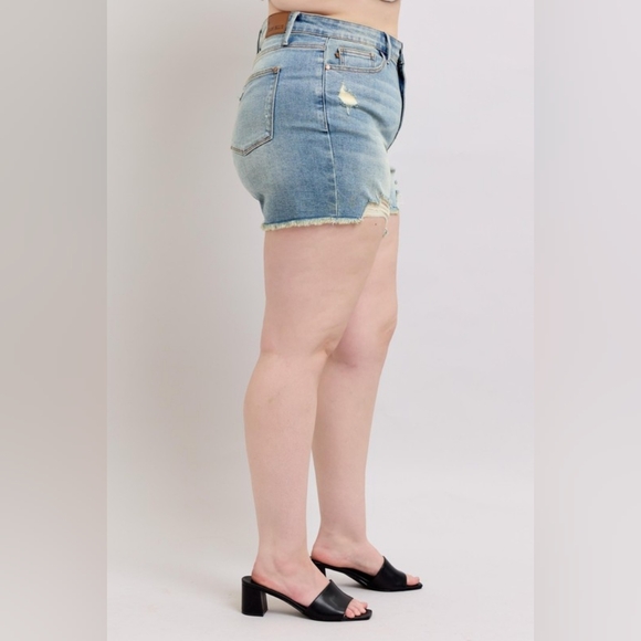 Judy Blue Full Size High Rise Washed Fly Stitch Detail and Destroy Denim Shorts - Picture 13 of 16